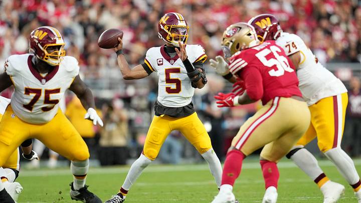 Oct 19, 2026; Santa Clara, California, USA; Washington Commanders quarterback Jayden Daniels (5) throws a pass during the second quarter against the San Francisco 49ers at Levi's Stadium. Mandatory Credit: Cary Edmondson-Imagn Images Oct 19, 2026; Santa Clara, California, USA; Washington Commanders quarterback Jayden Daniels (5) throws a pass during the second quarter against the San Francisco 49ers at Levi's Stadium. Mandatory Credit: Cary Edmondson-Imagn Images