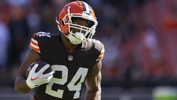 Oct 20, 2024; Cleveland, Ohio, USA; Cleveland Browns running back Nick Chubb (24) runs the ball during warmups before the game against the Cincinnati Bengals at Huntington Bank Field. Mandatory Credit: Scott Galvin-Imagn Images Oct 20, 2024; Cleveland, Ohio, USA; Cleveland Browns running back Nick Chubb (24) runs the ball during warmups before the game against the Cincinnati Bengals at Huntington Bank Field. Mandatory Credit: Scott Galvin-Imagn Images
