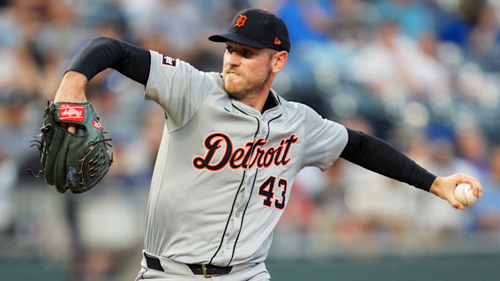 May 20, 2024; Kansas City, Missouri, USA; Detroit Tigers relief pitcher Joey Wentz (43) pitches during the sixth inning against the Kansas City Royals at Kauffman Stadium. Mandatory Credit: Jay Biggerstaff-Imagn Images