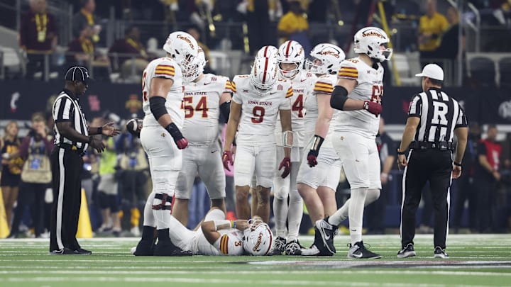 Dec 7, 2024; Arlington, TX, USA;  Iowa State Cyclones quarterback Rocco Becht (3) lays injured during the second half against the Arizona State Sun Devils at AT&T Stadium. Mandatory Credit: Kevin Jairaj-Imagn Images