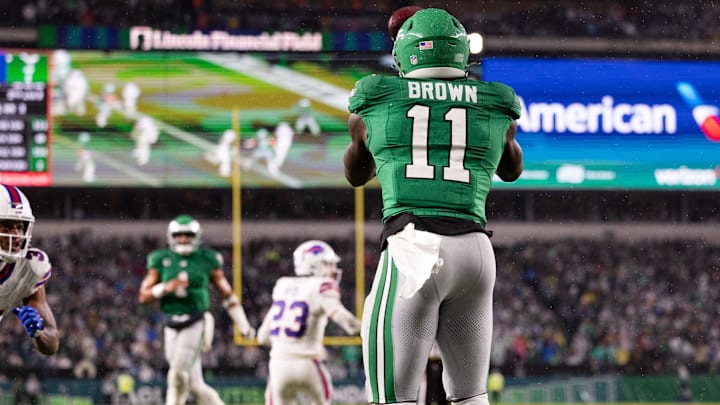 Philadelphia Eagles wide receiver A.J. Brown (11) makes a touchdown catch against the Buffalo Bills during the third quarter at Lincoln Financial Field.