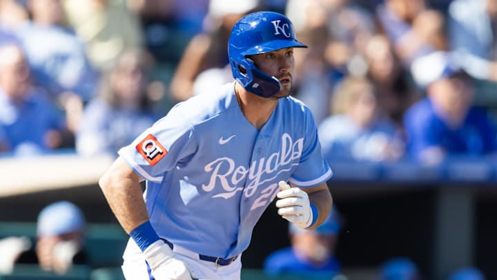 Feb 25, 2026; Surprise, Arizona, USA; Kansas City Royals outfielder Kameron Misner against the Seattle Mariners during a spring training game at Surprise Stadium. Mandatory Credit: Mark J. Rebilas-Imagn Images