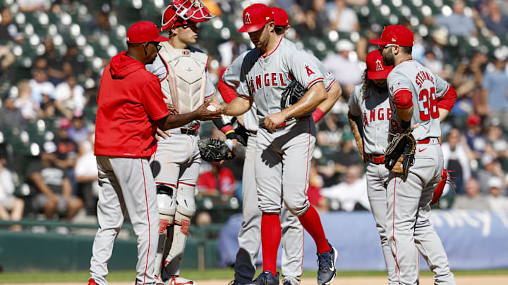 Sep 26, 2024; Chicago, Illinois, USA; Los Angeles Angels starting pitcher Tyler Anderson (31) leaves a baseball game against the Chicago White Sox during the fifth inning at Guaranteed Rate Field. Mandatory Credit: Kamil Krzaczynski-Imagn Images