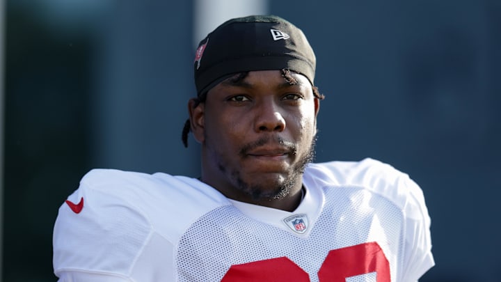 Aug 1, 2025; Tampa, FL, USA; Tampa Bay Buccaneers linebacker Jose Ramirez (33) looks on before training camp at AdventHealth Training Center. 