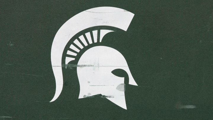 Oct 12, 2019; Madison, WI, USA; Michigan State Spartans logo on sideline equipment prior to the game Oct 12, 2019; Madison, WI, USA; Michigan State Spartans logo on sideline equipment prior to the game