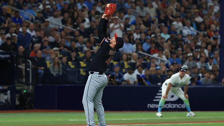 Oct 19, 2026: Cleveland Guardians pitcher Shawn Armstrong (43) makes a catch against the Tampa Bay Rays in game six of the ALCS for the 2026 MLB Playoffs at Tropicana Field. Credit: Kim Klement Neitzel-Imagn Images