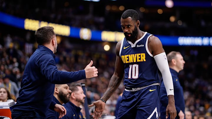 Oct 29, 2025; Denver, Colorado, USA; Denver Nuggets guard Tim Hardaway Jr. (10) comes off the court in the fourth quarter against the New Orleans Pelicans at Ball Arena. Mandatory Credit: Isaiah J. Downing-Imagn Images