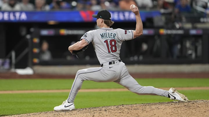 Apr 30, 2025; New York City, New York, USA; Arizona Diamondbacks pitcher Shelby Miller (18) delivers a pitch against the New York Mets during the eighth inning at Citi Field. Mandatory Credit: Gregory Fisher-Imagn Images