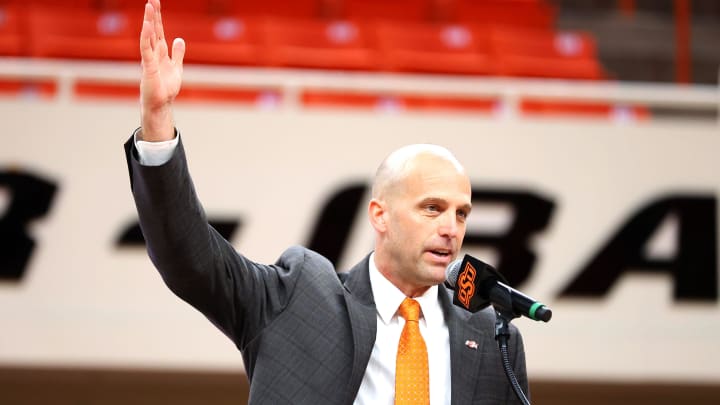 New Oklahoma State University head men's basketball coach Steve Lutz speaks during an introduction ceremony of the at Gallagher-Iba Arena in Stillwater, Okla., Thursday, April 4, 2024.