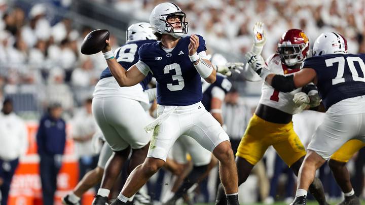 Penn State Nittany Lions quarterback Rocco Becht (3) throws a pass during the third quarter against the USC Trojans at Beaver Stadium. Penn State Nittany Lions quarterback Rocco Becht (3) throws a pass during the third quarter against the USC Trojans at Beaver Stadium.