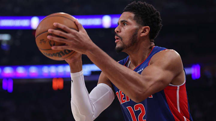 Dec 7, 2024; New York, New York, USA; Detroit Pistons forward Tobias Harris (12) looks to shoot the ball during the first half against the New York Knicks at Madison Square Garden. Mandatory Credit: Vincent Carchietta-Imagn Images