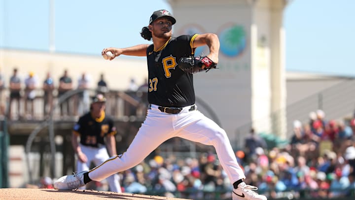 Mar 7, 2025; Bradenton, Florida, USA; Pittsburgh Pirates pitcher Jared Jones (37) throws a pitch against the Philadelphia Phillies in the first inning during spring training at LECOM Park. Mandatory Credit: Nathan Ray Seebeck-Imagn Images