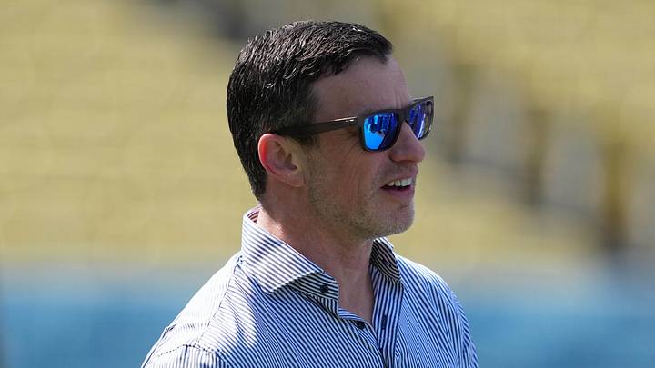 Mar 26, 2026; Los Angeles, California, USA; Los Angeles Dodgers president of baseball operations Andrew Friedman watches during the game against the Arizona Diamondbacks  at Dodger Stadium. Mandatory Credit: Kirby Lee-Imagn Images