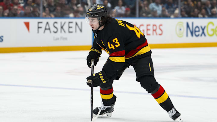 Dec 8, 2025; Vancouver, British Columbia, CAN; Vancouver Canucks defenseman Quinn Hughes (43) handles the puck against the Detroit Red Wings in the second period at Rogers Arena. Mandatory Credit: Bob Frid-Imagn Images Dec 8, 2025; Vancouver, British Columbia, CAN; Vancouver Canucks defenseman Quinn Hughes (43) handles the puck against the Detroit Red Wings in the second period at Rogers Arena. Mandatory Credit: Bob Frid-Imagn Images