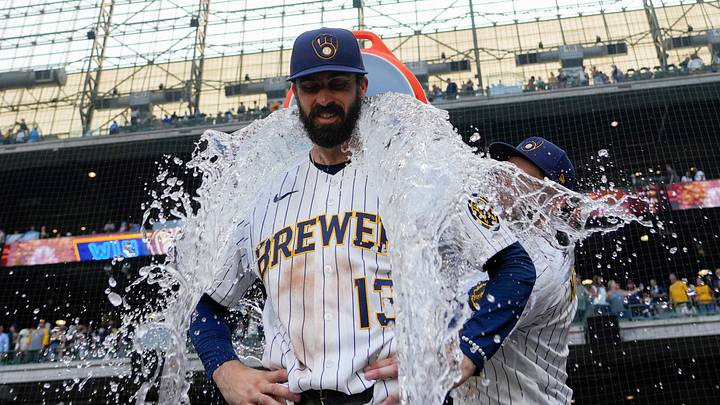 Jul 18, 2026; Milwaukee, Wisconsin, USA; Milwaukee Brewers second baseman Braden Shewmake (13) is dunked with water following the game against the Miami Marlins at American Family Field. Mandatory Credit: Jeff Hanisch-Imagn Images Jul 18, 2026; Milwaukee, Wisconsin, USA; Milwaukee Brewers second baseman Braden Shewmake (13) is dunked with water following the game against the Miami Marlins at American Family Field. Mandatory Credit: Jeff Hanisch-Imagn Images