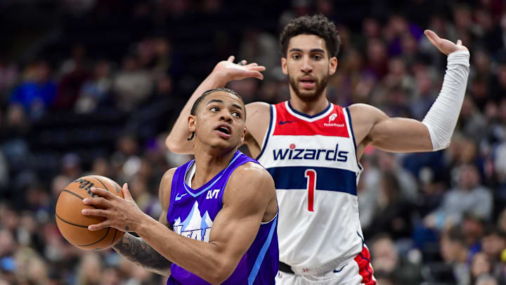 Mar 19, 2025; Salt Lake City, Utah, USA; Utah Jazz guard Keyonte George (3) makes move around Washington Wizards guard Colby Jones (1) during the second half at the Delta Center. Mandatory Credit: Peter Creveling-Imagn Images Mar 19, 2025; Salt Lake City, Utah, USA; Utah Jazz guard Keyonte George (3) makes move around Washington Wizards guard Colby Jones (1) during the second half at the Delta Center. Mandatory Credit: Peter Creveling-Imagn Images