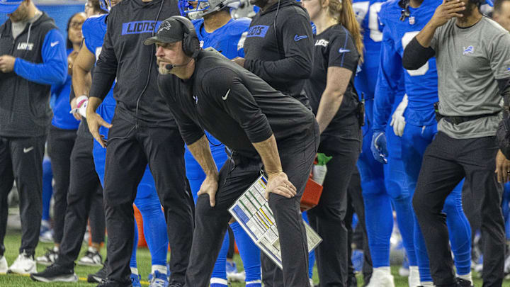 Jan 18, 2025; Detroit, Michigan, USA; Detroit Lions head coach Dan Campbell looks on during the second quarter against the Washington Commanders at Ford Field. Mandatory Credit: David Reginek-Imagn Images