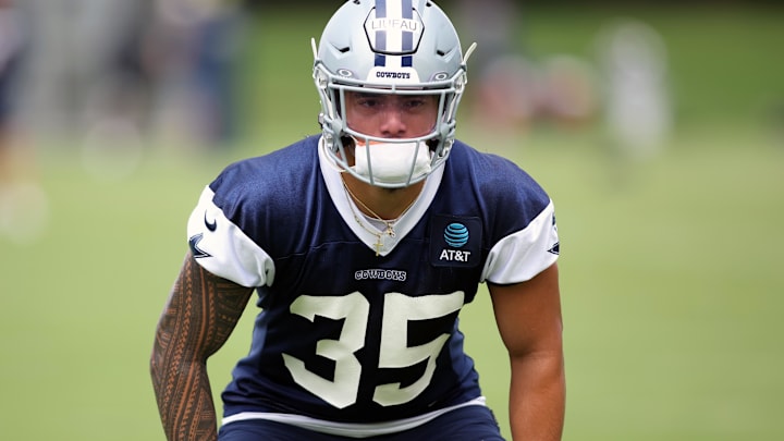 Dallas Cowboys linebacker Marist Liufau goes through drills during practice at the Ford Center at the Star Training Facility., Dallas Cowboys linebacker Marist Liufau goes through drills during practice at the Ford Center at the Star Training Facility.,