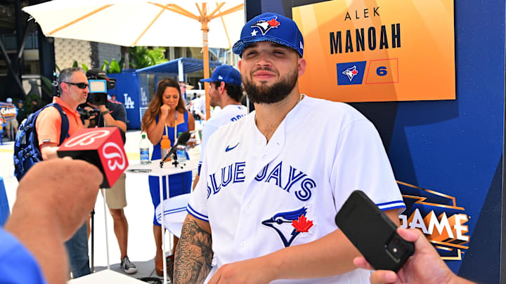 Jul 18, 2022; Los Angeles, CA, USA;  Toronto Blue Jays pitcher Alex Manoah (6) talks to reporters during All Star-Media Day at Dodger Stadium. 