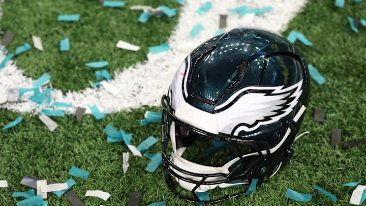 Feb 9, 2025; New Orleans, LA, USA; A Philadelphia Eagles player's helmet rests on the field after Super Bowl LIX against the Kansas City Chiefs at Caesars Superdome. Mandatory Credit: Geoff Burke-Imagn Images