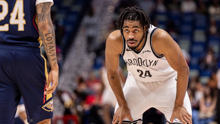 Jan 14, 2026; New Orleans, Louisiana, USA;  Brooklyn Nets guard Cam Thomas (24) looks on against the New Orleans Pelicans during the first half at Smoothie King Center. Mandatory Credit: Stephen Lew-Imagn Images