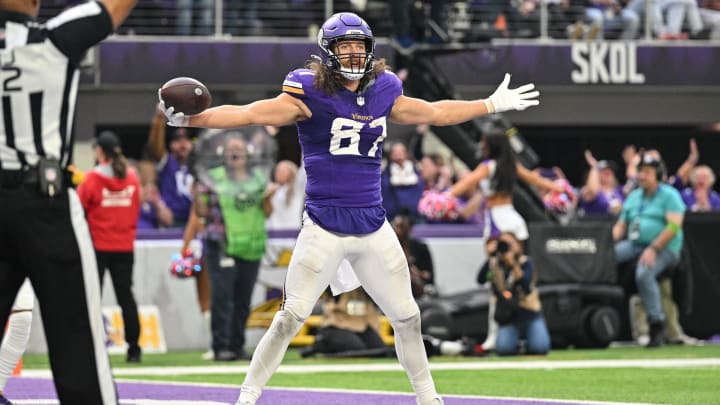 Nov 12, 2023; Minneapolis, Minnesota, USA; Minnesota Vikings tight end T.J. Hockenson (87) reacts after a touchdown against the New Orleans Saints at U.S. Bank Stadium. Mandatory Credit: Jeffrey Becker-USA TODAY Sports