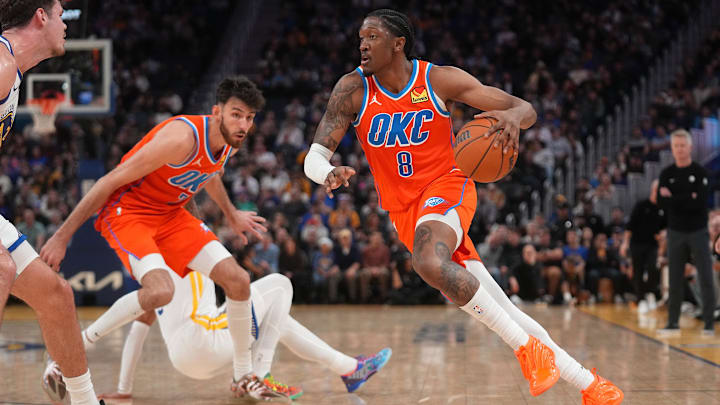 Dec 2, 2025; San Francisco, California, USA; Oklahoma City Thunder guard Jalen Williams (8) dribbles the ball against the Golden State Warriors in the fourth quarter at the Chase Center.
