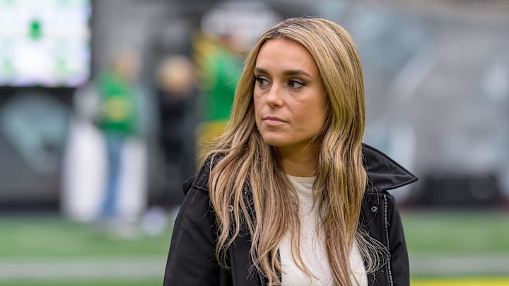 Oct 21, 2023: ESPN reporter Molly McGrath on the sidelines at Autzen Stadium