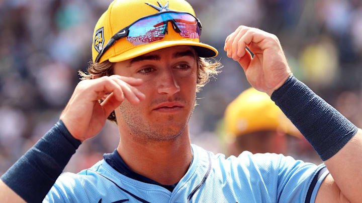 Tampa Bay Rays infielder Carson Williams (80) looks on before the game against the New York Yankees at George M. Steinbrenner Field in Tampa, Florida, in March 2024.