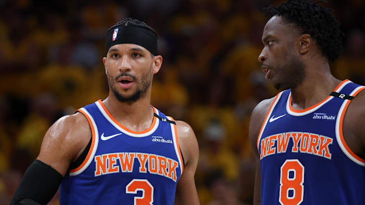 May 31, 2025; Indianapolis, Indiana, USA; New York Knicks guard Josh Hart (3) and forward OG Anunoby (8) speak in the third quarter during game six of the eastern conference finals against the Indiana Pacers for the 2025 NBA Playoffs at Gainbridge Fieldhouse.