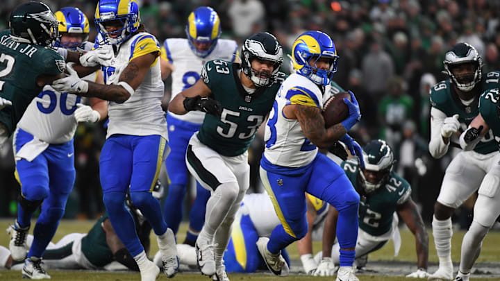 Jan 19, 2025; Philadelphia, Pennsylvania, USA; Los Angeles Rams running back Kyren Williams (23) carries the ball past Philadelphia Eagles linebacker Zack Baun (53) in a 2025 NFC divisional round game at Lincoln Financial Field. Mandatory Credit: Eric Hartline-Imagn Images Jan 19, 2025; Philadelphia, Pennsylvania, USA; Los Angeles Rams running back Kyren Williams (23) carries the ball past Philadelphia Eagles linebacker Zack Baun (53) in a 2025 NFC divisional round game at Lincoln Financial Field. Mandatory Credit: Eric Hartline-Imagn Images