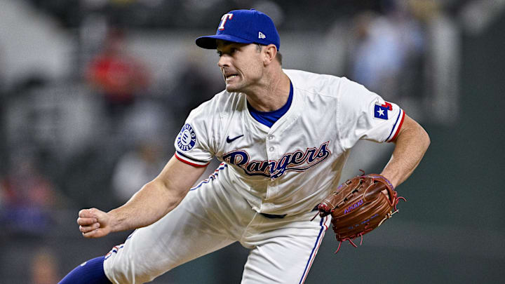 Sep 5, 2024; Arlington, Texas, USA; Texas Rangers relief pitcher David Robertson (37) pitches against the Los Angeles Angels during the game at Globe Life Field. 