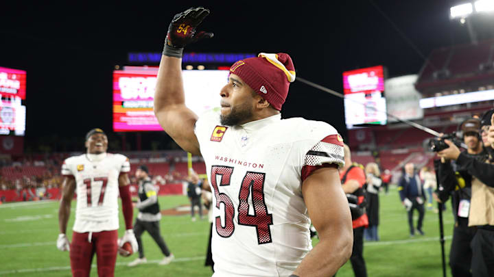 Jan 12, 2025; Tampa, Florida, USA; Washington Commanders linebacker Bobby Wagner (54) celebrates after winning a NFC wild card playoff against the Tampa Bay Buccaneers at Raymond James Stadium. Mandatory Credit: Nathan Ray Seebeck-Imagn Images