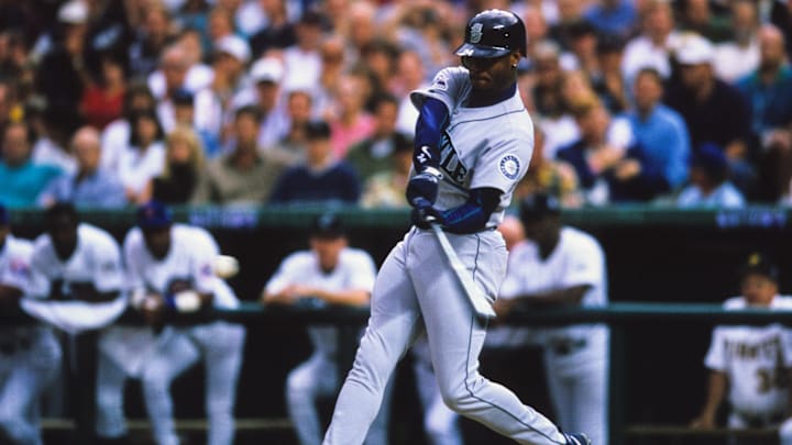 Seattle Mariners outfielder Ken Griffey Jr. hits during an All-Star Game on July 7, 1998, at Coors Field.