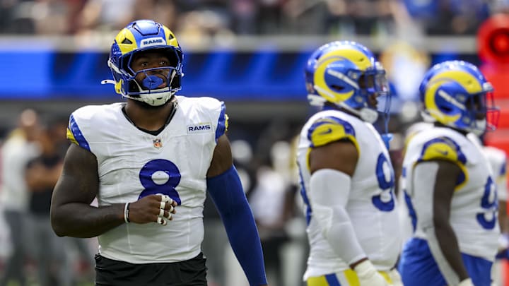 Sep 7, 2025; Inglewood, California, USA; Los Angeles Rams linebacker Jared Verse (8) wearing the NFL gold shield patch during the third quarter at SoFi Stadium. Mandatory Credit: Kiyoshi Mio-Imagn Images Sep 7, 2025; Inglewood, California, USA; Los Angeles Rams linebacker Jared Verse (8) wearing the NFL gold shield patch during the third quarter at SoFi Stadium. Mandatory Credit: Kiyoshi Mio-Imagn Images