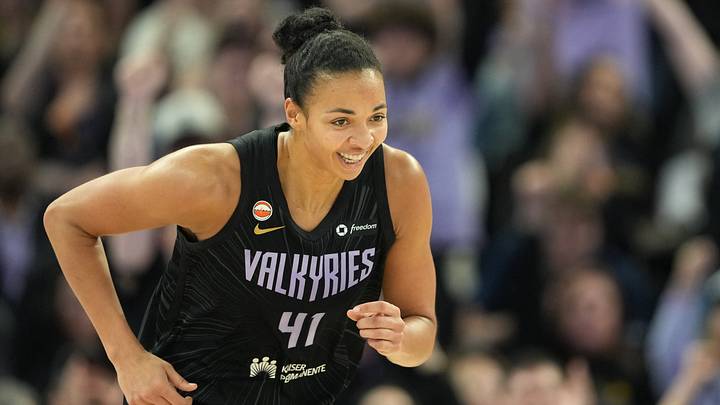 Jul 18, 2026; San Francisco, California, USA; Golden State Valkyries center Kiah Stokes (41) reacts after making a three-point basket against the Washington Mystics during the fourth quarter at Chase Center. Mandatory Credit: Darren Yamashita-Imagn Images