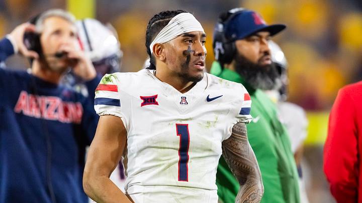 Nov 28, 2025; Tempe, Arizona, USA; Arizona Wildcats quarterback Noah Fifita (1) against the Arizona State Sun Devils during the 99th Territorial Cup at Mountain America Stadium. 