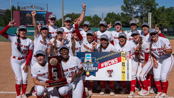Texas Tech Red Raiders celebrate the team’s 2-1 victory over the Florida State Seminoles in the NCAA WCWS Super Regionals on Friday, May 23, 2025.