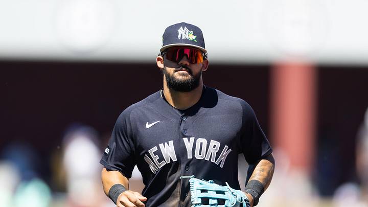 Mar 24, 2026; Mesa, Arizona, USA; New York Yankees outfielder Jasson Dominguez against the Chicago Cubs during spring training at Sloan Park. Mandatory Credit: Mark J. Rebilas-Imagn Images