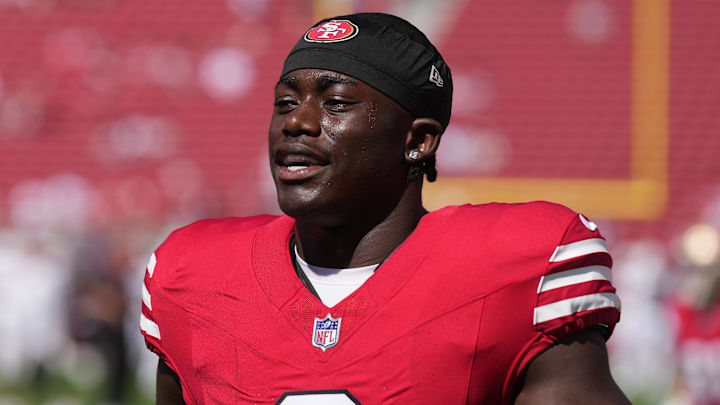 Oct 6, 2024; Santa Clara, California, USA; San Francisco 49ers safety Malik Mustapha (6) before the game against the Arizona Cardinals at Levi's Stadium. Mandatory Credit: Darren Yamashita-Imagn Images