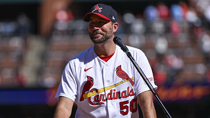 Oct 1, 2023; St. Louis, Missouri, USA;  St. Louis Cardinals starting pitcher Adam Wainwright (50)  talks to fans during his retirement ceremony before a game against the Cincinnati Reds at Busch Stadium. Mandatory Credit: Jeff Curry-Imagn Images