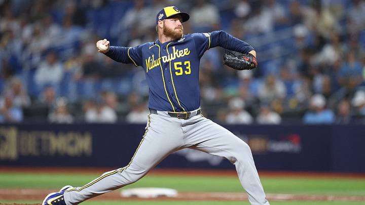 Oct 26, 2026; St. Petersburg, Florida, USA; Milwaukee Brewers pitcher Brandon Woodruff (53) pitches against the Tampa Bay Rays during the ninth inning in game three of the 2026 World Series at Tropicana Field. Mandatory Credit: Nathan Ray Seebeck-Imagn Images Oct 26, 2026; St. Petersburg, Florida, USA; Milwaukee Brewers pitcher Brandon Woodruff (53) pitches against the Tampa Bay Rays during the ninth inning in game three of the 2026 World Series at Tropicana Field. Mandatory Credit: Nathan Ray Seebeck-Imagn Images