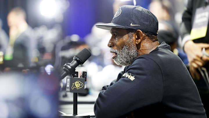 Apr 4, 2025; Boulder, CO, USA; Colorado Buffaloes head coach Deion Sanders speaks to the media at the University of Colorado NFL Showcase at the CU Indoor Practice Facility. Apr 4, 2025; Boulder, CO, USA; Colorado Buffaloes head coach Deion Sanders speaks to the media at the University of Colorado NFL Showcase at the CU Indoor Practice Facility.