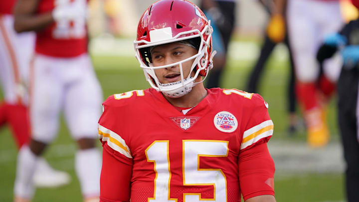 Nov 8, 2020; Kansas City, Missouri, USA; Kansas City Chiefs quarterback Patrick Mahomes (15) on the sidelines during the game against the Carolina Panthers at Arrowhead Stadium. Mandatory Credit: Denny Medley-Imagn Images