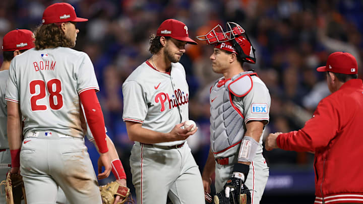 Oct 8, 2024; New York City, New York, USA; Philadelphia Phillies pitcher Aaron Nola (27) is relieved in the sixth inning against the New York Mets during game three of the NLDS for the 2024 MLB Playoffs at Citi Field