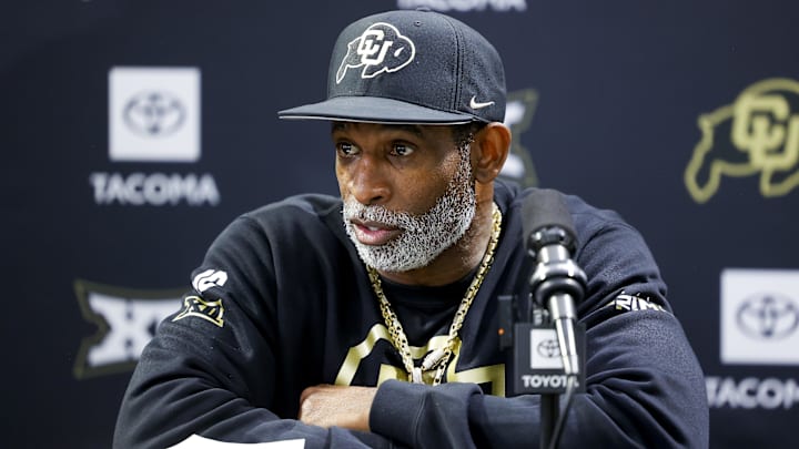 Apr 4, 2025; Boulder, CO, USA; Colorado Buffaloes head coach Deion Sanders speaks to the media at the University of Colorado NFL Showcase at the CU Indoor Practice Facility. Mandatory Credit: Michael Ciaglo-Imagn Images