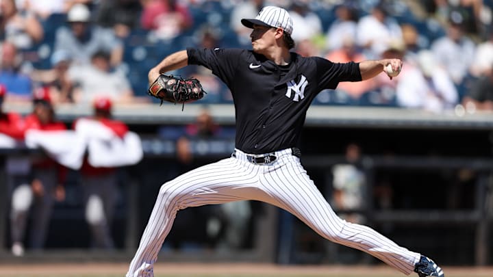 Mar 18, 2025; Tampa, Florida, USA; New York Yankees pitcher Max Fried (54) throws a pitch against the Boston Red Sox in the first inning during spring training at George M. Steinbrenner Field. Mar 18, 2025; Tampa, Florida, USA; New York Yankees pitcher Max Fried (54) throws a pitch against the Boston Red Sox in the first inning during spring training at George M. Steinbrenner Field.