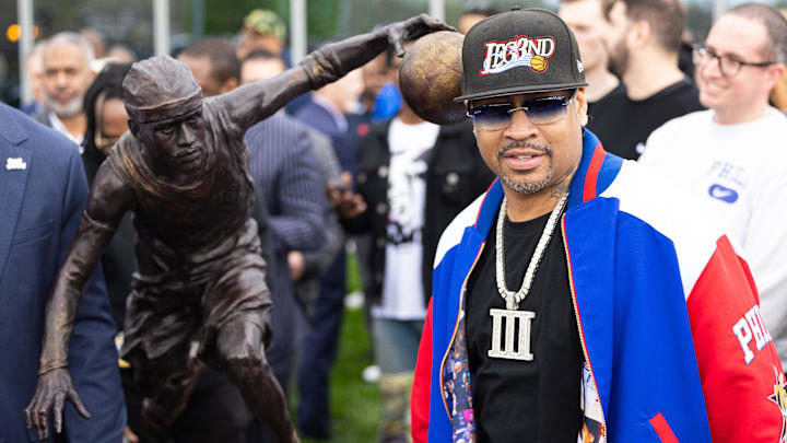 Apr 12, 2024; Camden, NJ, USA; Philadelphia 76ers great Allen Iverson during the unveiling of the statue honoring him in a ceremony at the Philadelphia 76ers Training Complex. Mandatory Credit: Bill Streicher-Imagn Images