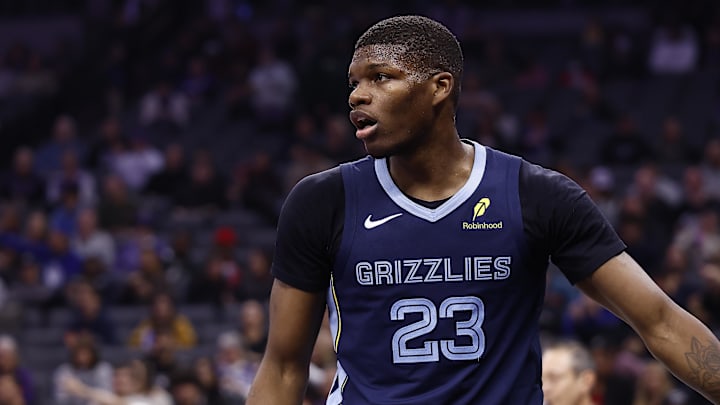 Nov 30, 2025; Sacramento, California, USA; Memphis Grizzlies guard Cedric Coward (23) after a play agains the Sacramento Kings during the second quarter at Golden 1 Center. Nov 30, 2025; Sacramento, California, USA; Memphis Grizzlies guard Cedric Coward (23) after a play agains the Sacramento Kings during the second quarter at Golden 1 Center.
