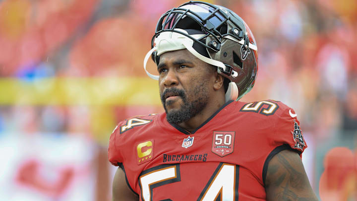 Dec 7, 2025; Tampa, Florida, USA; Tampa Bay Buccaneers linebacker Lavonte David (54) stands on the sidelines during the first quarter against the New Orleans Saints at Raymond James Stadium. Mandatory Credit: Kim Klement Neitzel-Imagn Images